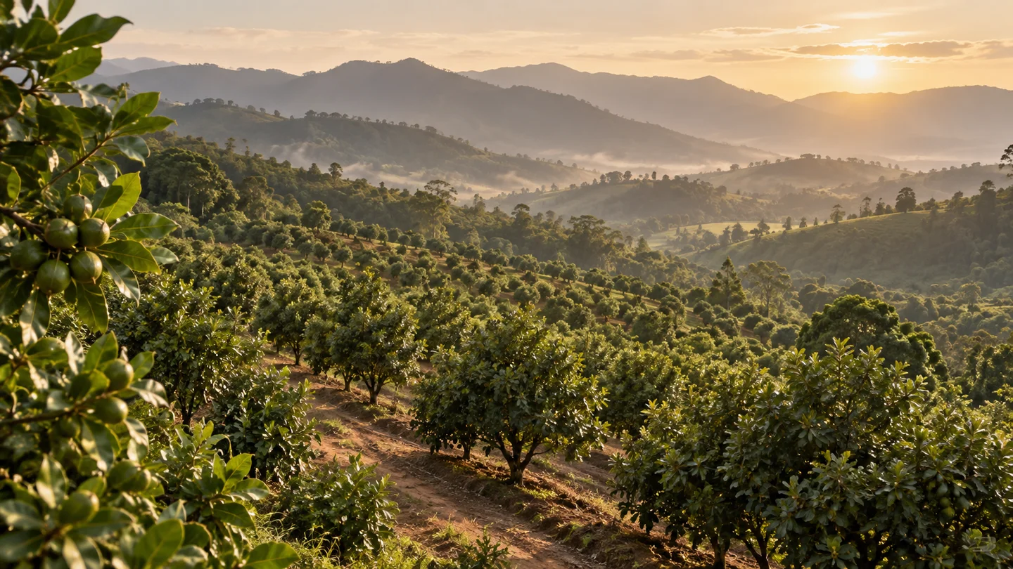 Minh họa vườn mắc ca trên các sườn đồi cao nguyên